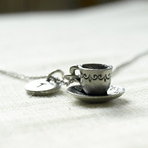 Tea cup and saucer Necklace, tea cup necklace, coffee cup, initial necklace, initial hand stamped, personalized, antique silver, monogram