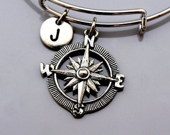 Compass charm bangle, Compass bracelet, Silver Compass charm, Personalized bracelet, Charm bangle, Monogram, Initial bracelet