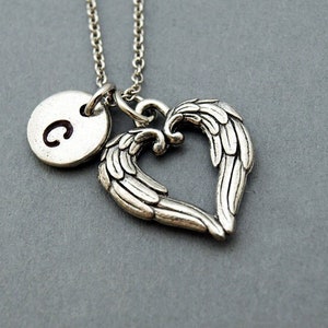 Angel Wings Heart necklace, silver angel wings, Heart necklace, Angel wing feather, initial necklace, Friendship, personalized, monogram