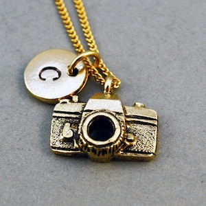 Camera necklace, Camera charm jewelry, gold camera charm, picture camera, initial necklace, initial hand stamped, personalized, monogram