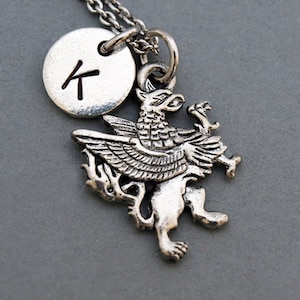 Griffin necklace, Lion and eagle Necklace, antique silver, initial necklace, personalized, monogram