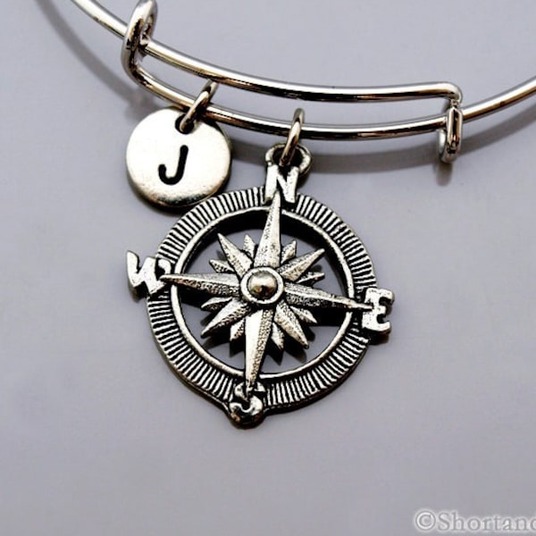 Compass charm bangle, Compass bracelet, Silver Compass charm, Personalized bracelet, Charm bangle, Monogram, Initial bracelet