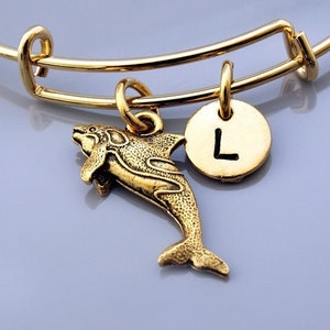 Killer Whale Bangle, Killer whale bracelet, Gold Orca Whale charm, Gold killer whale charm, Expandable bangle, Initial bracelet