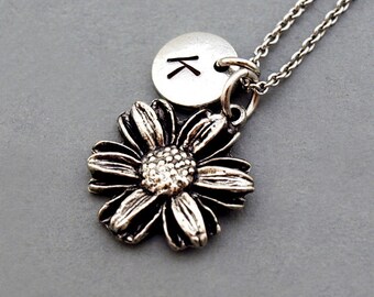 Sunflower necklace, Sunflower charm, Silver Sunflower, Sun flower charm, initial necklace, personalized, antique silver
