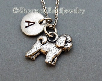 Bichon Frise necklace, dog charm, initial necklace, initial hand stamped, personalized, antique silver, monogram