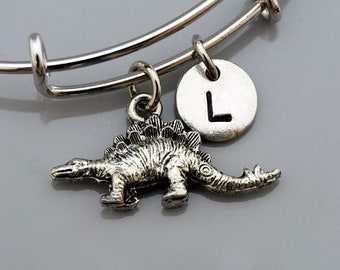 Stegosaurus Dinosaur bangle, Dinosaur bracelet, Expandable bangle, Personalized bracelet, Charm bangle, Monogram, Initial bracelet