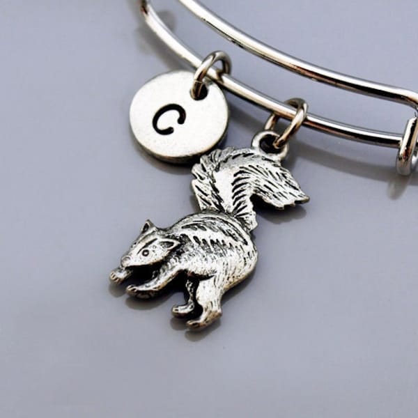 Skunk charm bangle, Skunk charm bracelet, polecats, Expandable bangle, Personalized bracelet, Charm bangle, Monogram, Initial bracelet