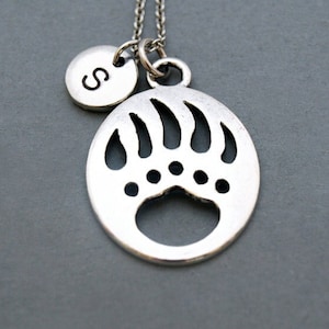 Bear Paw Print Necklace, bear paw necklace, initial necklace, initial hand stamped, personalized, antique silver, monogram