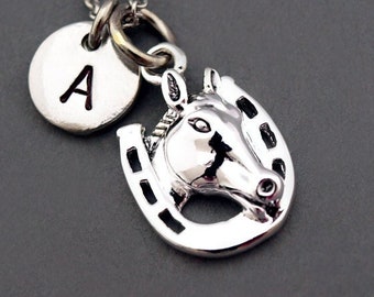Horseshoe necklace, Horseshoe jewelry, Horse necklace, good luck charm, initial necklace, initial hand stamped, personalized, monogram
