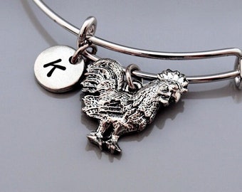 Rooster charm Bangle, Rooster bracelet, Bird, Expandable bangle, Personalized bracelet, Charm bangle, Monogram, Initial bracelet