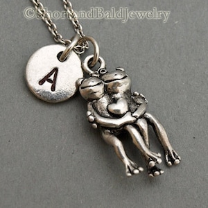 Hugging frogs charm, frog couple, Frog necklace, wedding gift, initial hand stamped, personalized, antique silver, monogram
