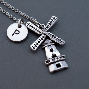 Windmill Necklace, Windmill charm jewelry, Silver windmill charm, post mill, Smock mill, initial necklace, personalized, monogram