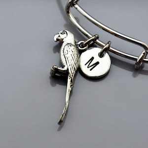 Parrot charm Bangle, Parrot bracelet, Bird, Expandable bangle, Personalized bracelet, Charm bangle, Monogram, Initial bracelet