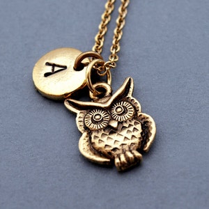 Owl charm necklace, owls, Owl charm jewelry, birds, initial necklace, initial hand stamped, personalized, antique gold, monogram