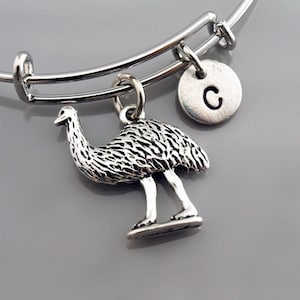 Brazalete de emú, dije de emú, pulsera de pájaro emú, emú australiano, brazalete expandible, pulsera personalizada, brazalete con dije, monograma, pulsera con inicial