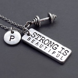 Strong is beautiful necklace, Small Barbell necklace, barbell charm, weightlifting, Exercise, fitness, initial necklace, monogram