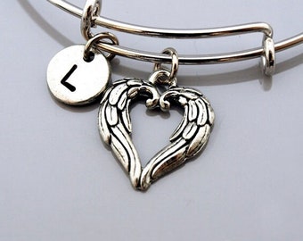 Angel Heart wings bangle, Angel wing bracelet, Guardian angel, Expandable bangle, Personalized bracelet, Charm bangle, Initial bracelet
