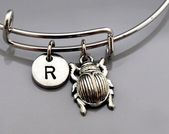 Beetle charm bangle, Beetle bracelet, Scarab beetle charm, Expandable bangle, Personalized bracelet, Charm bangle, Initial bracelet