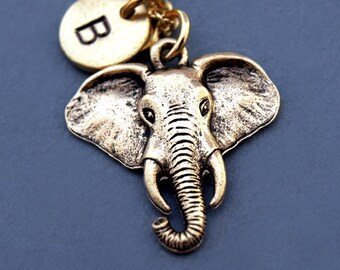 Elephant necklace, elephant head necklace, gold elephant necklace, Elephant charm jewelry, initial necklace, personalized, monogram
