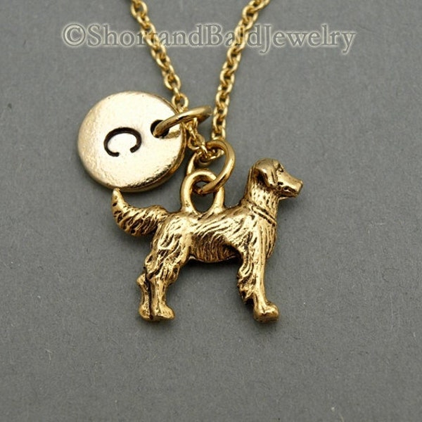 Collier de charme Golden Retriever, charme de chien Golden Retriever, or antique, collier initial, estampillé à la main initiale, personnalisé, monogramme