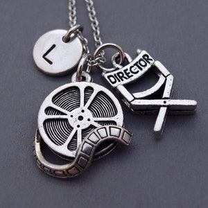 Film reel necklace, Movie reel necklace, Director&#39;s chair necklace, Film lover, movie lover, Film student gift, initial necklace