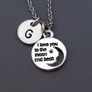 I Love You To The Moon And Back-ketting, ketting moeder en dochter, wassende maan, Moederdag, ketting met initialen, gepersonaliseerd, monogram