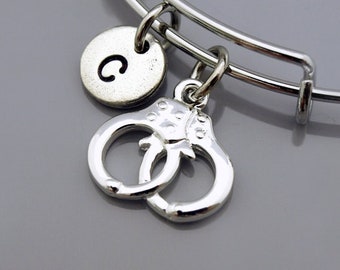 Handcuffs charm bangle, Handcuffs bracelet, Hand Cuffs jewelry, Expandable bangle, Personalized bracelet, Charm bangle, Initial bracelet