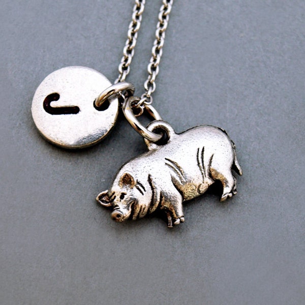 Potbelly pig necklace, Pot-bellied pig, initial necklace, initial hand stamped, personalized, antique silver, monogram