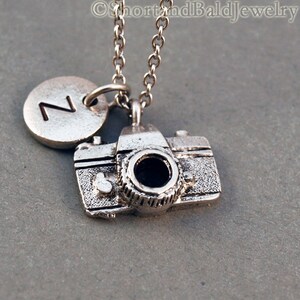 Camera Necklace, Camera in antique silver, initial necklace, initial hand stamped, personalized, monogram