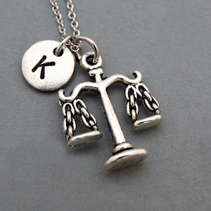 Scales of Justice Necklace, Libra scale, initial necklace, initial hand stamped, personalized, antique silver, monogram