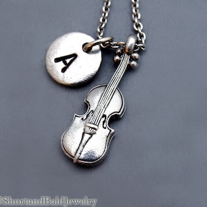 Violin Necklace, string instrument, Music, Violinist, initial necklace, initial hand stamped, personalized, antique silver, monogram image 1