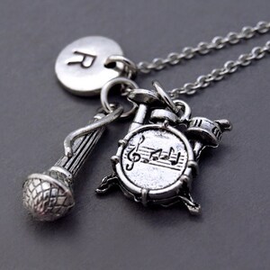 Microphone necklace, Drum necklace, Drum set charm, Musician, Mic necklace, Mike, music, initial necklace, personalized, monogram