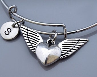 Winged heart bracelet, Angel Wings Heart bracelet, Guardian angel, Expandable bangle, Personalized bracelet, Charm bangle, Initial bracelet