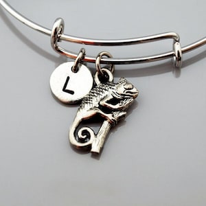 Pode incluir: Um bracelete de prata com um amuleto de camaleão de prata e um amuleto de prata com a letra L.
