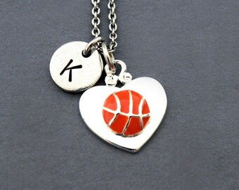 I Love Basketball, Basketball ball charm necklace, Basketball heart, antique silver, initial necklace, personalized, monogram