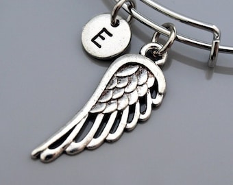 Brazalete de alas de ángel, pulsera de alas de ángel, alas de plata, ángel de la guarda, brazalete expandible, pulsera personalizada, monograma, pulsera con inicial