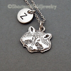 Raccoon charm necklace, racoon face charm, initial necklace, initial hand stamped, personalized, antique silver, monogram