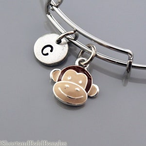Monkey face bangle, Monkey face bracelet, Monkey charm, Expandable bangle, Personalized bracelet, Charm bangle, Monogram, Initial bracelet
