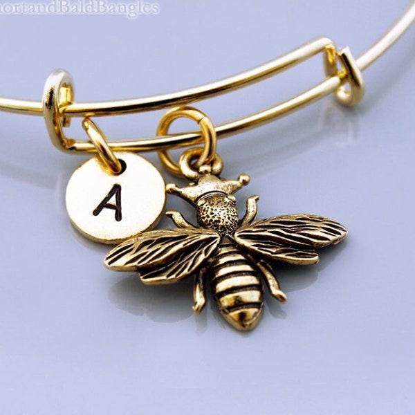 Queen Bee Bangle, Queen bee bracelet, Queen bee charm, Gold queen bee, Expandable bangle, Personalized bracelet, Initial bracelet