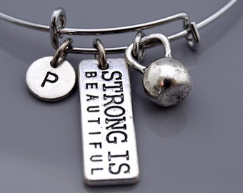 Strong is beautiful, Kettlebell bangle, Kettlebell bracelet, fitness, weightlifting, Weight lifting, kettle bell, Initial bracelet