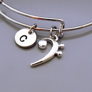 Bass clef charm bangle, Bass clef bracelet, Music charm, Silver bass clef charm, Expandable bangle, Personalized bracelet, Initial bracelet