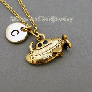 Submarine charm necklace, yellow submarine, antique gold, initial necklace, initial hand stamped, personalized, monogram
