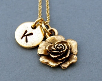 Rose necklace, Rose flower charm, Rose charm necklace, garden charm, antique gold, initial necklace, hand stamped, personalized, monogram