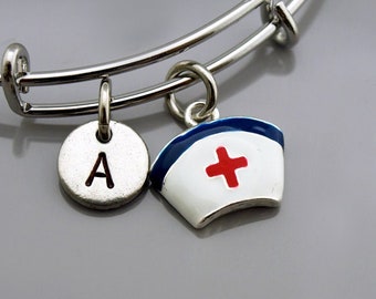 Nurse's cap, Nurse's hat charm, Nurse hat bracelet, Nurse cap bangle, nursing cap, Nurse hat bangle, Monogram, Initial bracelet
