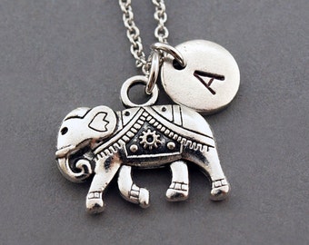 Elephant necklace, Ornate Elephant, elephant charm necklace, Indian elephant silver charm, initial necklace, personalized, monogram