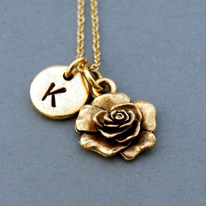 Rose necklace, Rose flower charm, Rose charm necklace, garden charm, antique gold, initial necklace, hand stamped, personalized, monogram