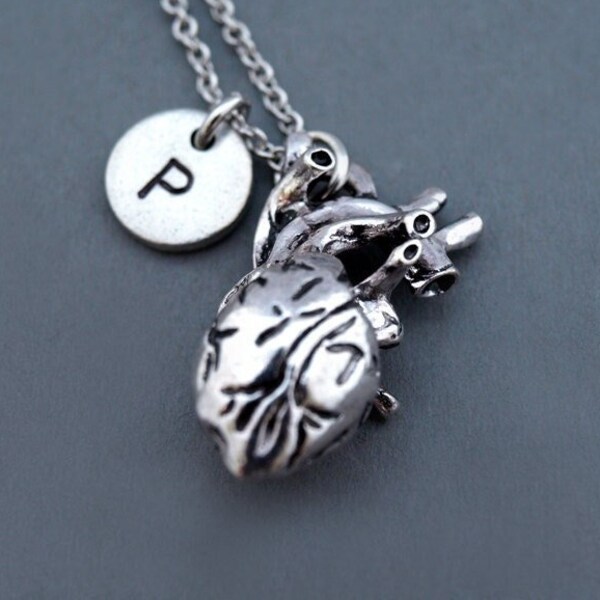 Human heart necklace, Human heart charm, Anatomy charm, Anatomy necklace, steampunk, steam punk, initial necklace, personalized, monogram