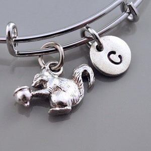 Squirrel Acorn bangle, Squirrel Acorn bracelet, Expandable bangle, Personalized bracelet, Charm bangle, Monogram, Initial bracelet