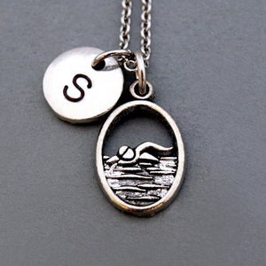 Swimming charm necklace, swim charm, swimmer necklace, antique silver, initial necklace, personalized, monogram