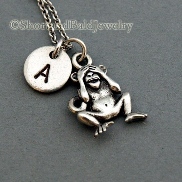 See no evil monkey, Three Monkeys Necklace, three wise monkeys, initial necklace, Personalized, antique silver, monogram